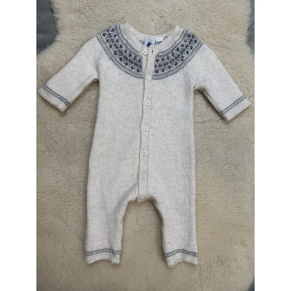 Petit Bateau 6M Baby Wool Alpaca Knit One Piece Romper Fair Isle Nordic Sweater